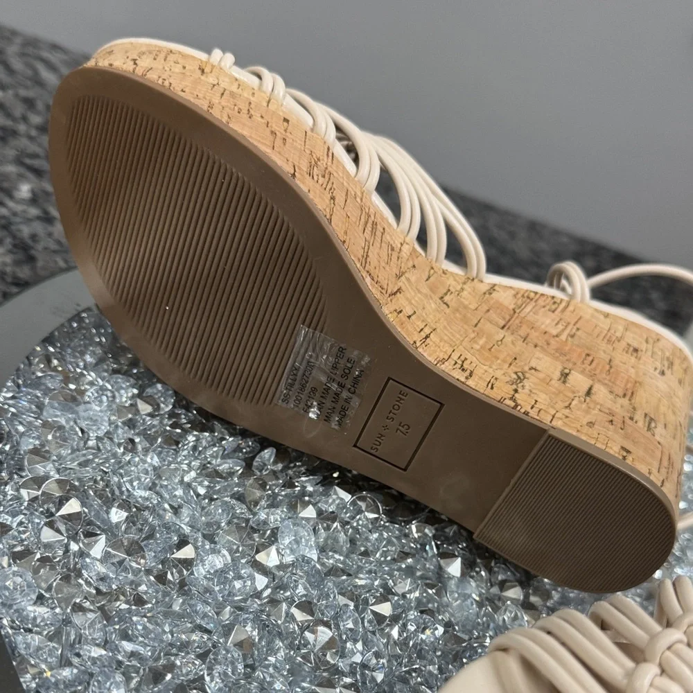 Sun + Stone eggshell Tilly Beige Strappy Lace Up cork Wedge Sandals NEW 7.5